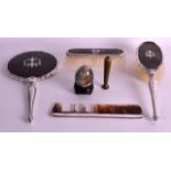 A SILVER MOUNTED THREE PIECE LADIES DRESS SET together with a seal and a painted egg. (5)