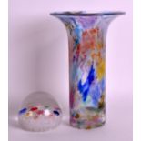 AN ART GLASS MILLIFIRE PAPERWEIGHT together with an art glass vase. (2)