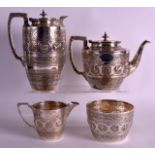 A LATE 19TH CENTURY SILVER PLATED FOUR PIECE TEASET comprising of teapot, coffee pot, sugar