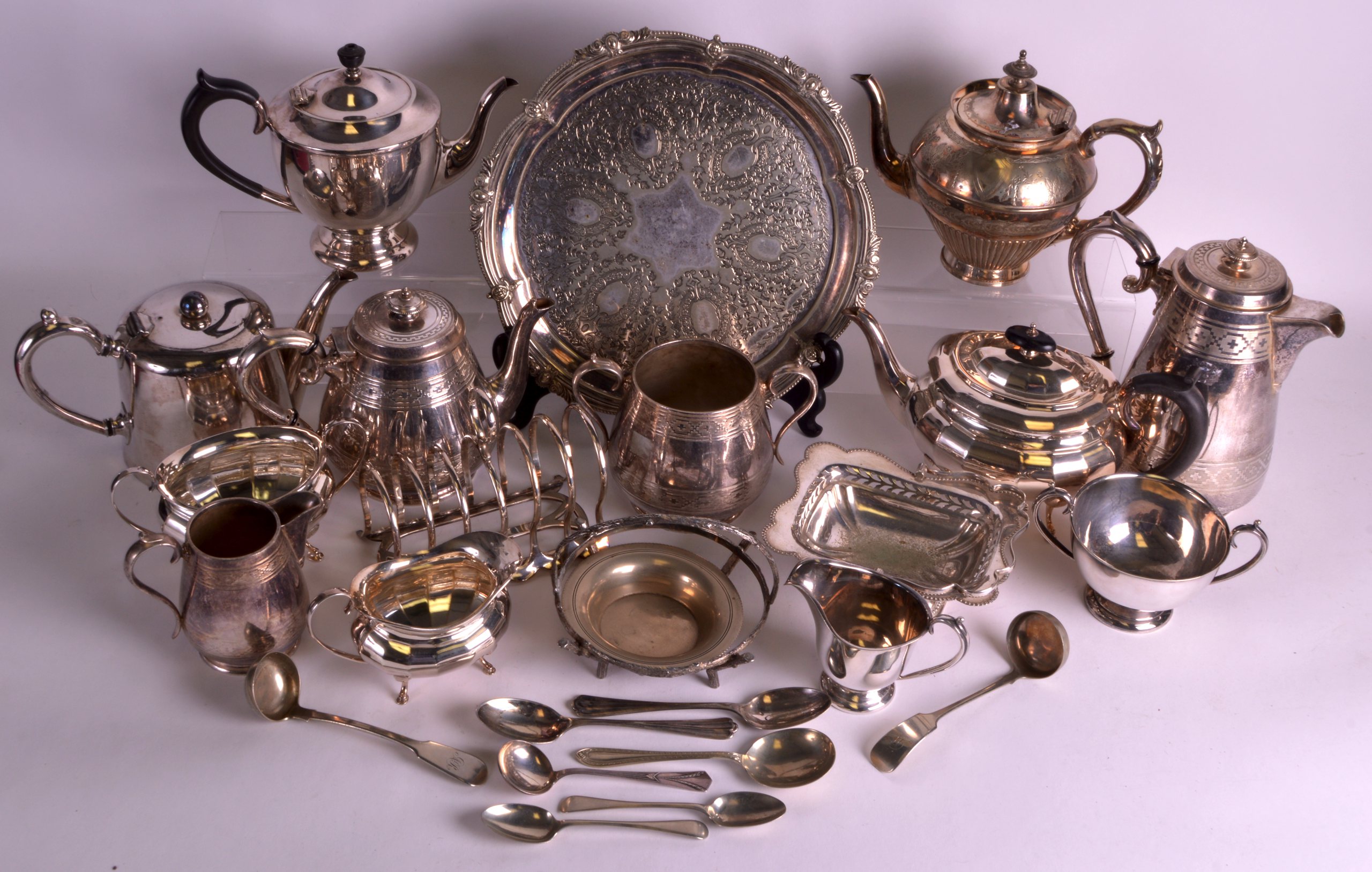 A LARGE COLLECTION OF MAINLY 19TH CENTURY ENGLISH SILVER PLATE of various forms, including