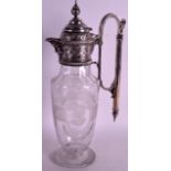 A GOOD 19TH CENTURY ENGRAVED GLASS CLARET JUG with silver plated engraved mounts. 13.5ins high.