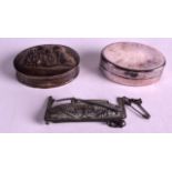 A STERLING SILVER NOVELTY PILL BOX decorated in relief with cats, together with another pill box and
