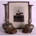 A GOOD PAIR OF LATE 19TH CENTURY SILVER PLATED CANDLESTICKS converted from horses hoofs, together