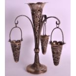 AN UNUSUAL LATE 19TH CENTURY CHINESE EXPORT SILVER EPERGNE with three hanging vases, makers mark