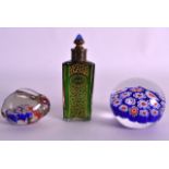 AN EARLY 20TH CENTURY BOHEMIAN GREEN GLASS SCENT BOTTLE enamelled in Cairo, together with two