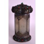 AN EARLY 20TH CENTURY SILVER JADE AND ENAMEL POT AND COVER of cylindrical form, with pierced top