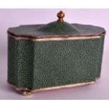 A SILVER PLATED SHAGREEN COVERED TEA CADDY with turned finial. 6.5ins wide.