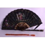 AN EARLY 20TH CENTURY EUROPEAN CARVED AND PAINTED TORTOISESHELL FAN together with a carved agate