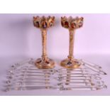 A FINE PAIR OF 19TH CENTURY BOHEMIAN GLASS TABLE LUSTRES each painted with continuous panels of