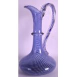 A STYLISH VENETIAN BLUE AND WHITE GLASS EWER with spirally moulded body. 12.5ins high.