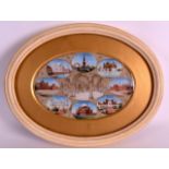 A GOOD 19TH CENTURY INDIAN PAINTED AND FRAMED IVORY MINIATURE depicting various scenes around