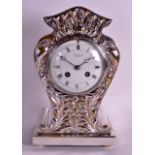 AN ART NOUVEAU SILVER PLATED MANTEL CLOCK by J Sizer & Son of Grimsby, with silver bezel,