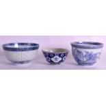 A 19TH CENTURY CHINESE BLUE AND WHITE BOWL bearing Kangxi marks to base, together with two other