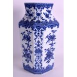 A CHINESE BLUE AND WHITE PORCELAIN SQUARE FORM VASE bearing Qianlong marks to base, painted with