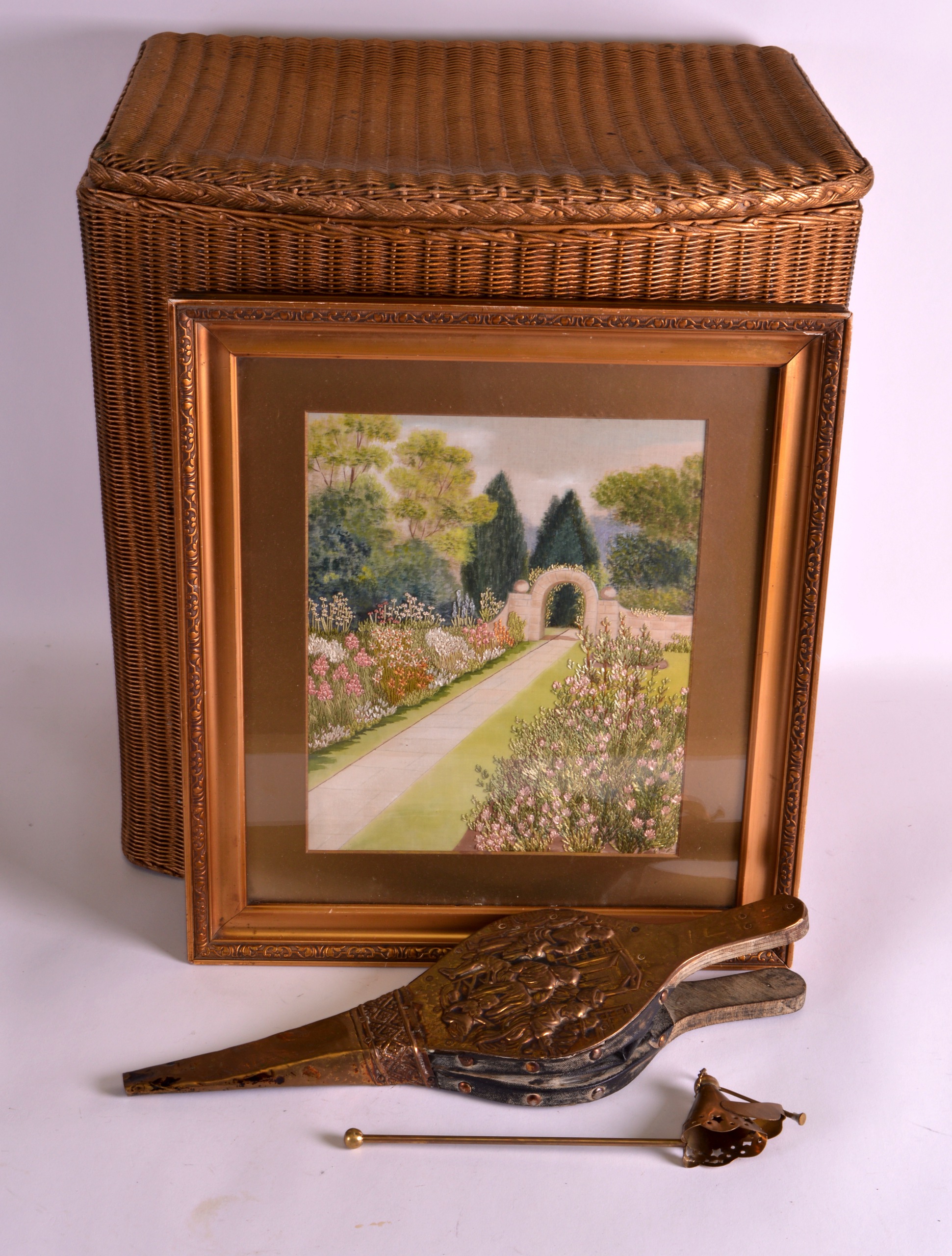 A LLOYD LOOM GOLD PAINTED WICKER LAUNDRY CHEST together with an unusual Edwardian silk work