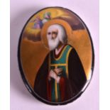 AN UNUSUAL 19TH CENTURY RUSSIAN ENAMEL OVAL PLAQUE one side painted with a Saint, the reverse