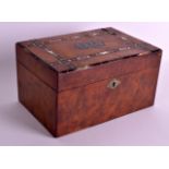 A VICTORIAN WALNUT RECTANGULAR TEA CADDY inset with a panel entitled 'tea'. 7.25ins wide.