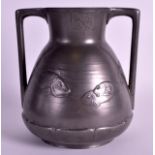 AN ART NOUVEAU GERMAN KAYSERZINN TWIN HANDLED PEWTER VASE decorated with fish. 6.75ins high.