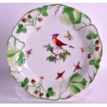 AN 18TH CENTURY CHELSEA PLATE painted with a bird and insects on a strawberry leaf ground. 8Ins