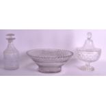 A CUT GLASS LEAD CRYSTAL BOWL together with a bon bon dish & decanter. (3)