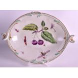 AN 18TH CENTURY DERBY SILVER SHAPED DISH painted with cherries and insects. 11Ins wide.