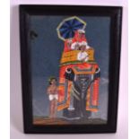 A 19TH CENTURY INDIAN MICA MINERAL FRAMED PANEL depicting three figures upon an elephant. 5.25ins