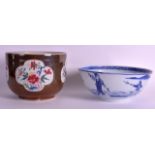 AN EARLY 18TH CENTURY CHINESE CAFE AU LAIT PORCELAIN BOWL together with a Qing dynasty blue and