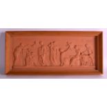 A LATE 19TH CENTURY EUROPEAN TERRACOTTA PLAQUE depicting classical figures within relief. Plaque 1ft