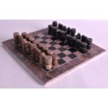 A MARBLE CHESS SET ON STAND of small proportions. Board 9.75ins square.
