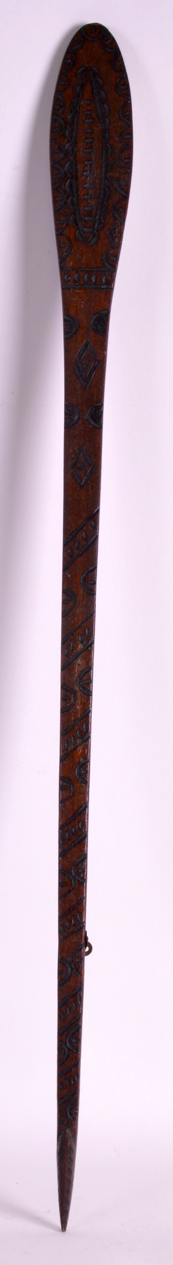 A SMALL ABORIGINAL CARVED WOOD SPEAR AND PADDLE possibly for a child, inscribed all over with