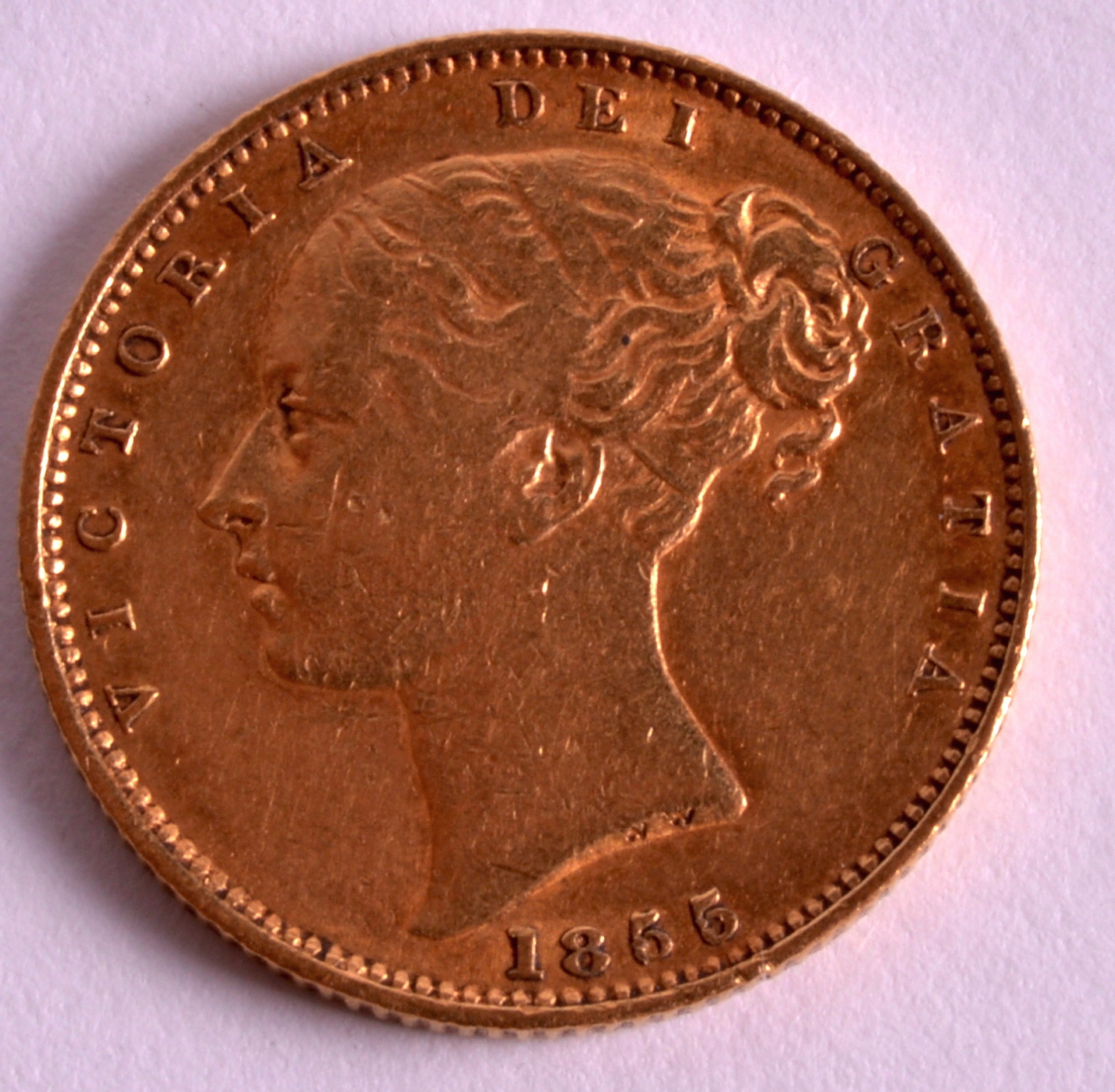 AN 1855 FULL SHIELD BACK SOVEREIGN.