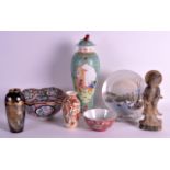 A CHINESE FAMILLE ROSE PORCELAIN VASE AND COVER together with a pair of dishes, a soapstone figure