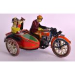 A VINTAGE TIN PLATE WIND UP LITHOGRAPH MOTORBIKE with attendant. 7.25ins wide.