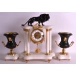 AN ART DECO FRENCH MARBLE GARNITURE the clock surmounted with a lion. Clock 2ft high. (3)