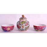 A PAIR OF CHINESE DAYA ZHAI TYPE PINK GROUND BOWLS painted with flowers, together with a Canton