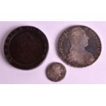 A 200BC SMALL ROMAN SILVER COIN together with an Austrian thaler, together with a 1797 penny. (3)