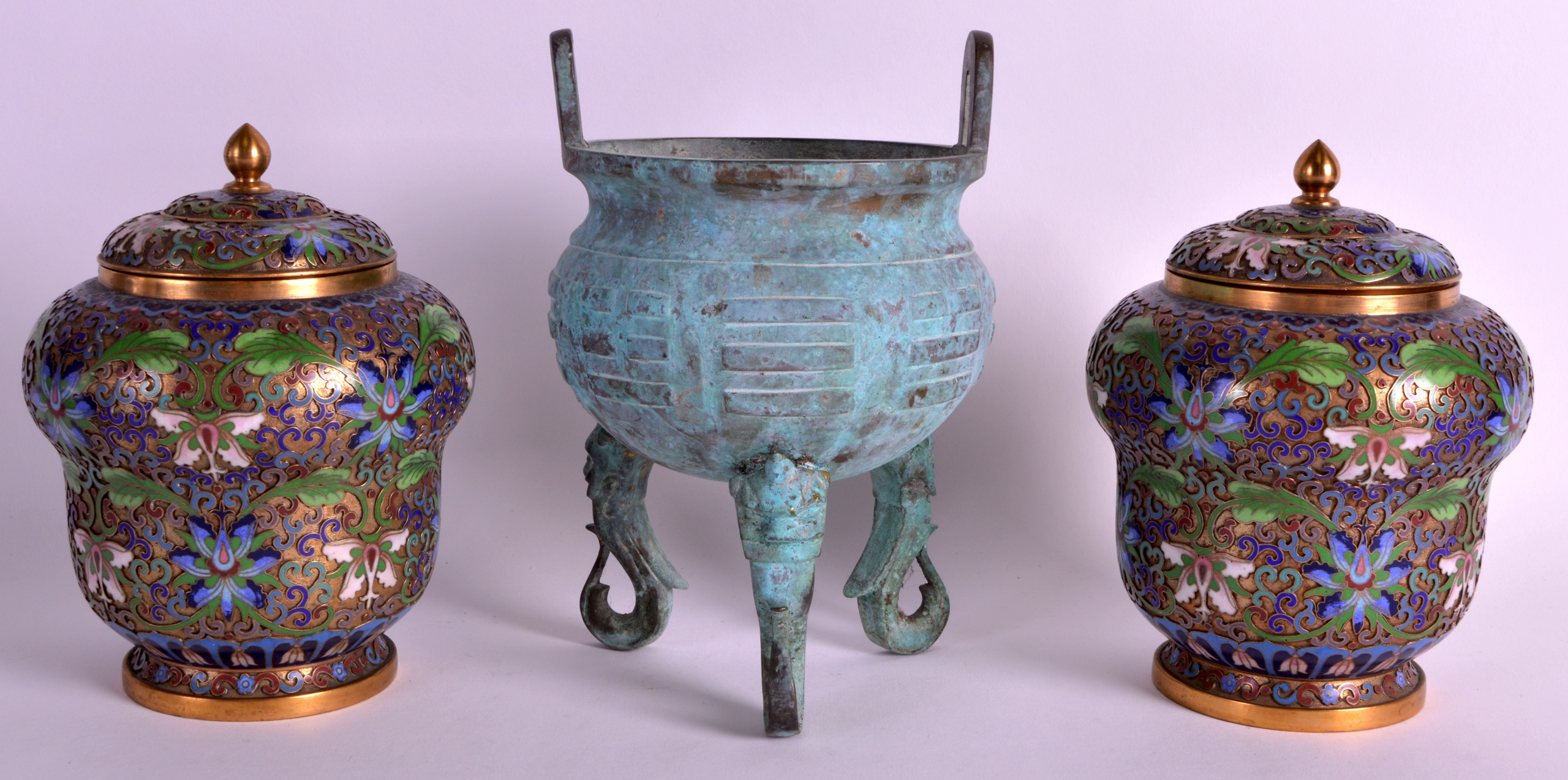 A PAIR OF EARLY 20TH CENTURY CHINESE CLOISONNE ENAMEL VASES AND COVERS together with an Archaic