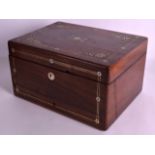 A VICTORIAN ROSEWOOD TRAVELLING VANITY BOX the top rising to reveal a fitted interior with silver