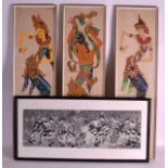 A GROUP OF THREE SOUTH EAST ASIAN WATER COLOURS together with a framed print. (4)