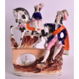 A RARE STAFFORDSHIRE GROUP OF A YOUNG GIRL ON A ROCKING HORSE with a Royal attendant. 8.5ins wide.