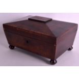 A VICTORIAN WALNUT RECTANGULAR SEWING CASKET with fitted interior, upon bun feet. 11Ins wide.