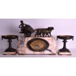 AN ART DECO SPELTER AND VEINED MARBLE CLOCK GARNITURE the mantel surmounted with a boy being