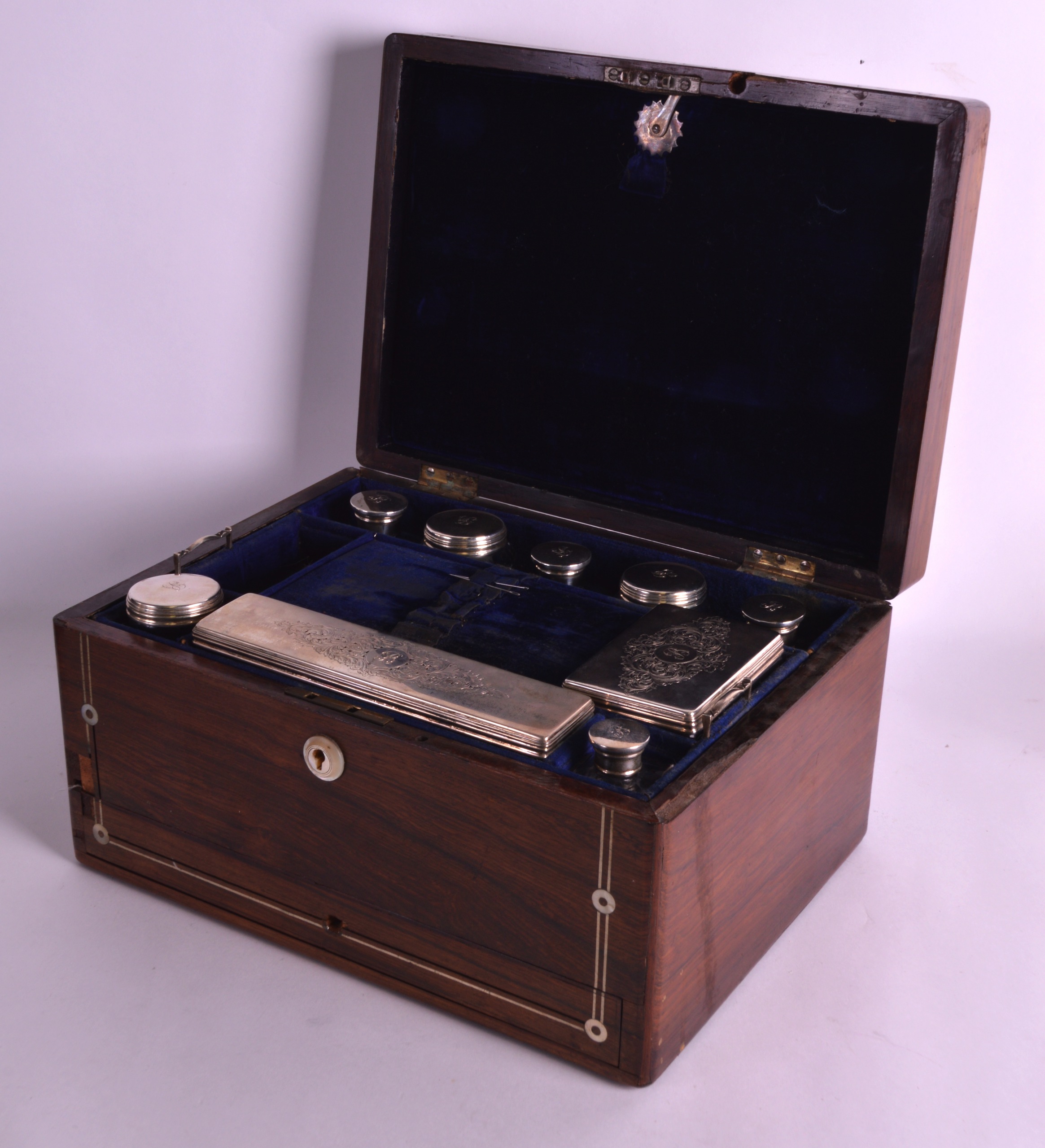 A VICTORIAN ROSEWOOD TRAVELLING VANITY BOX the top rising to reveal a fitted interior with silver - Image 2 of 2