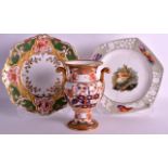 A 19TH CENTURY SPODE PLATE together with a Spode vase and another Spode plate. (3)