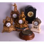 A LATE 19TH CENTURY FRENCH GILT METAL MANTEL CLOCK together with five other various antique