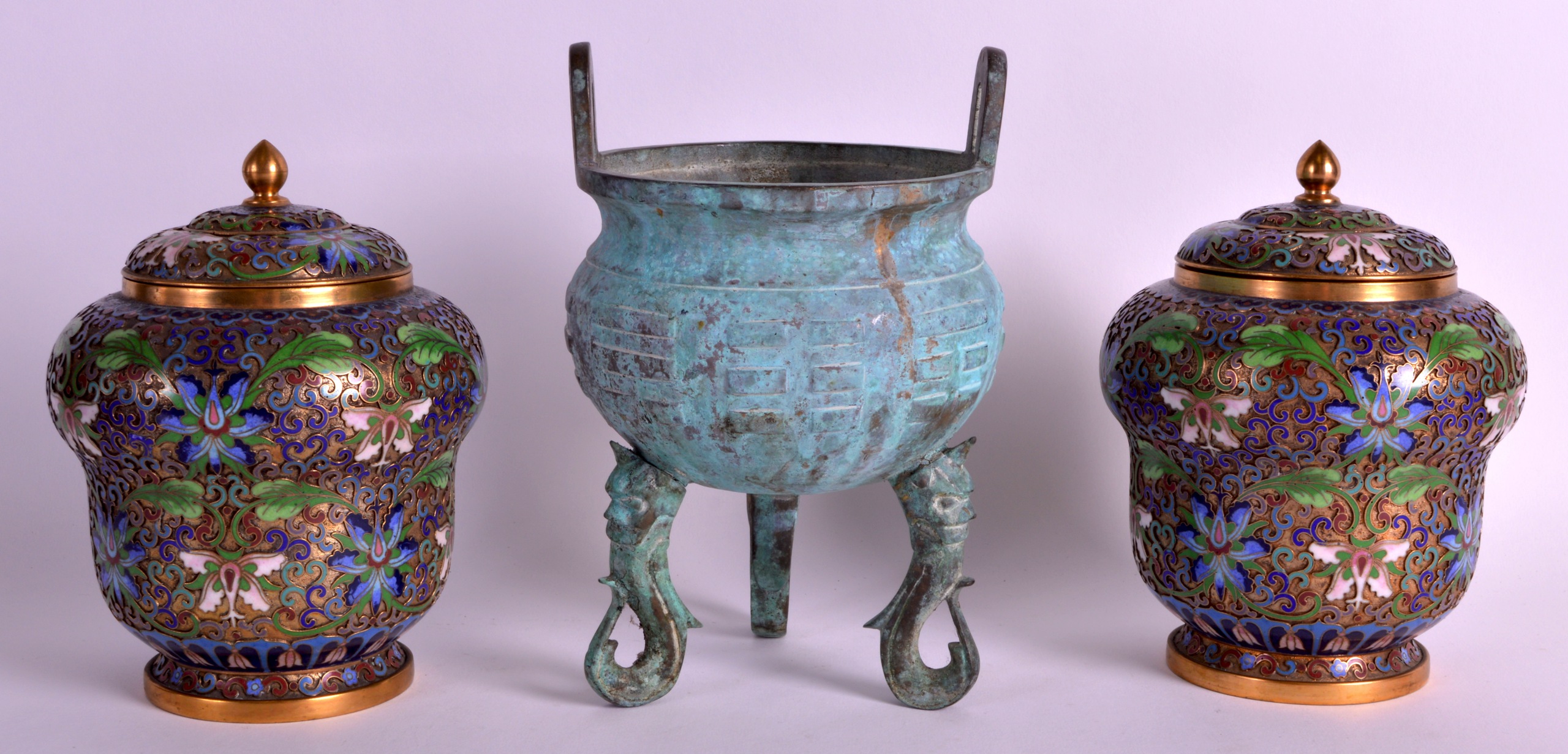 A PAIR OF EARLY 20TH CENTURY CHINESE CLOISONNE ENAMEL VASES AND COVERS together with an Archaic - Image 2 of 2