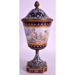 A 19TH CENTURY FRENCH SEVRES PORCELAIN GOBLET AND COVER with champleve enamel cover and base,