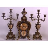 A LOVELY LATE 19TH CENTURY FRENCH GILT BRONZE AND CHAMPLEVE ENAMEL CLOCK GARNITURE retailed by