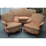 A VICTORIAN UPHOLSTERED THREE PIECE SALON SUITE comprising of settee and pair of matching walnut