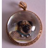 AN UNUSUAL 9CT GOLD DIAMOND SET ESSEX CRYSTAL PUG DOG PENDANT.